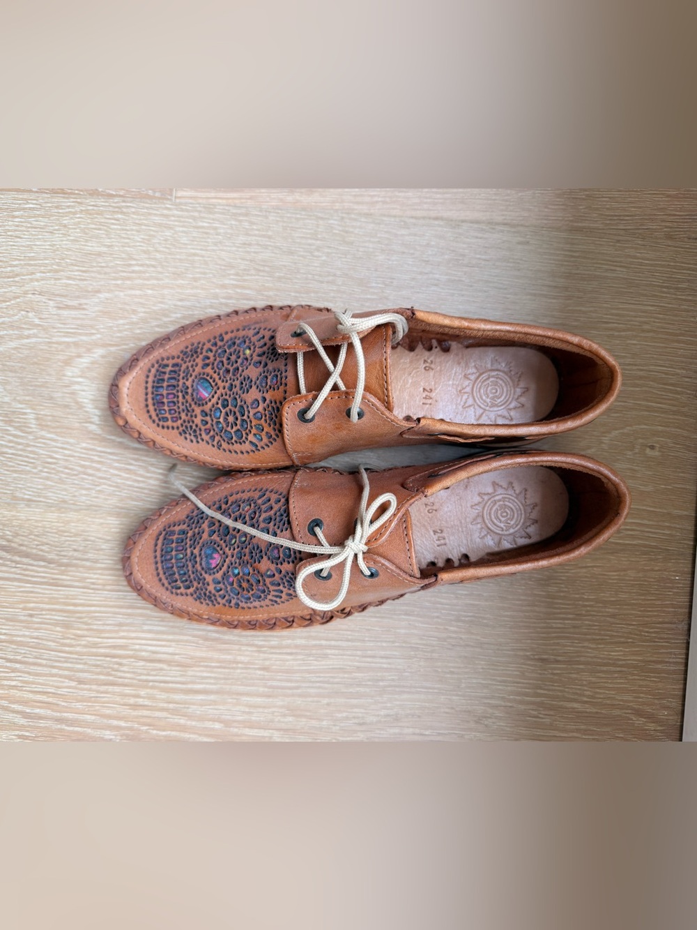 Brown Leather Lace-Up Moccasin Shoes with Embroidered Toe